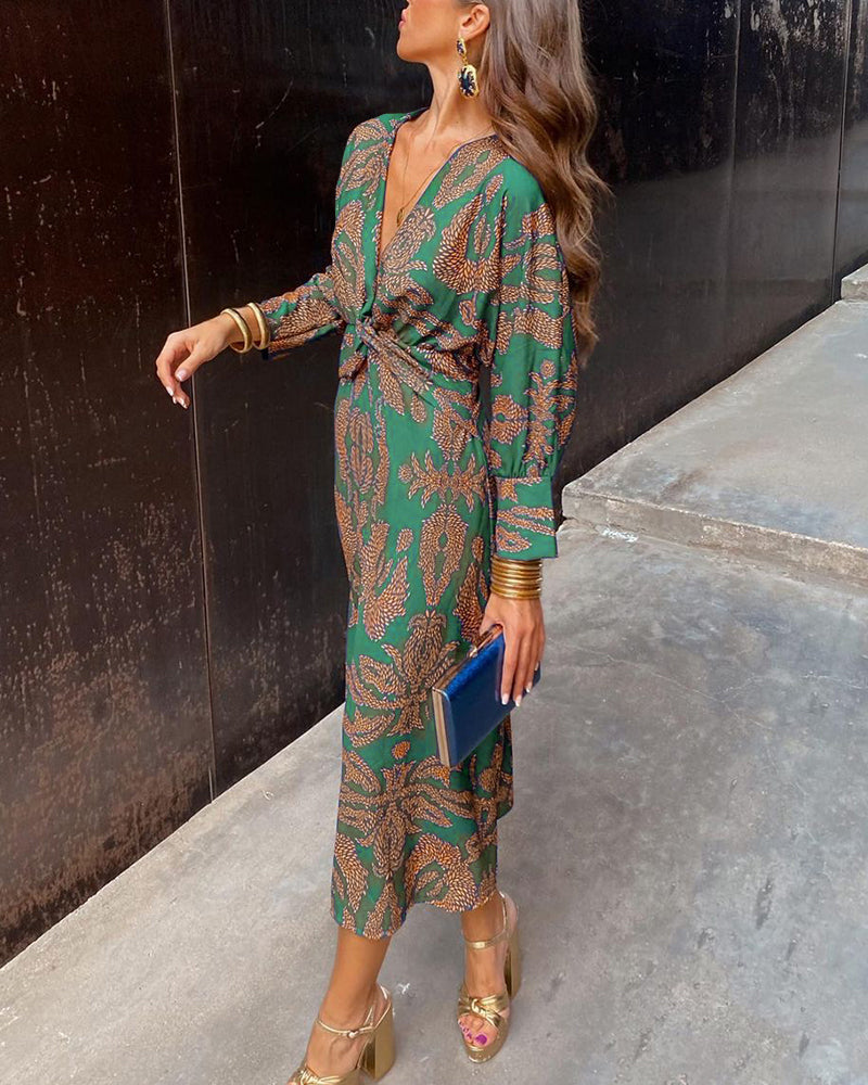 Women's Printed Tie Waist Midi Dress