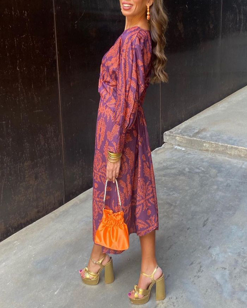 Women's Printed Tie Waist Midi Dress