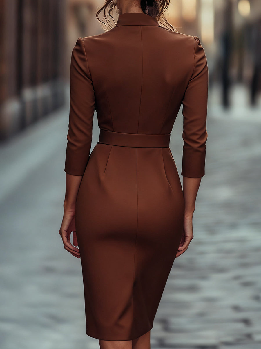 Women's Belted Black Pencil Midi Dress