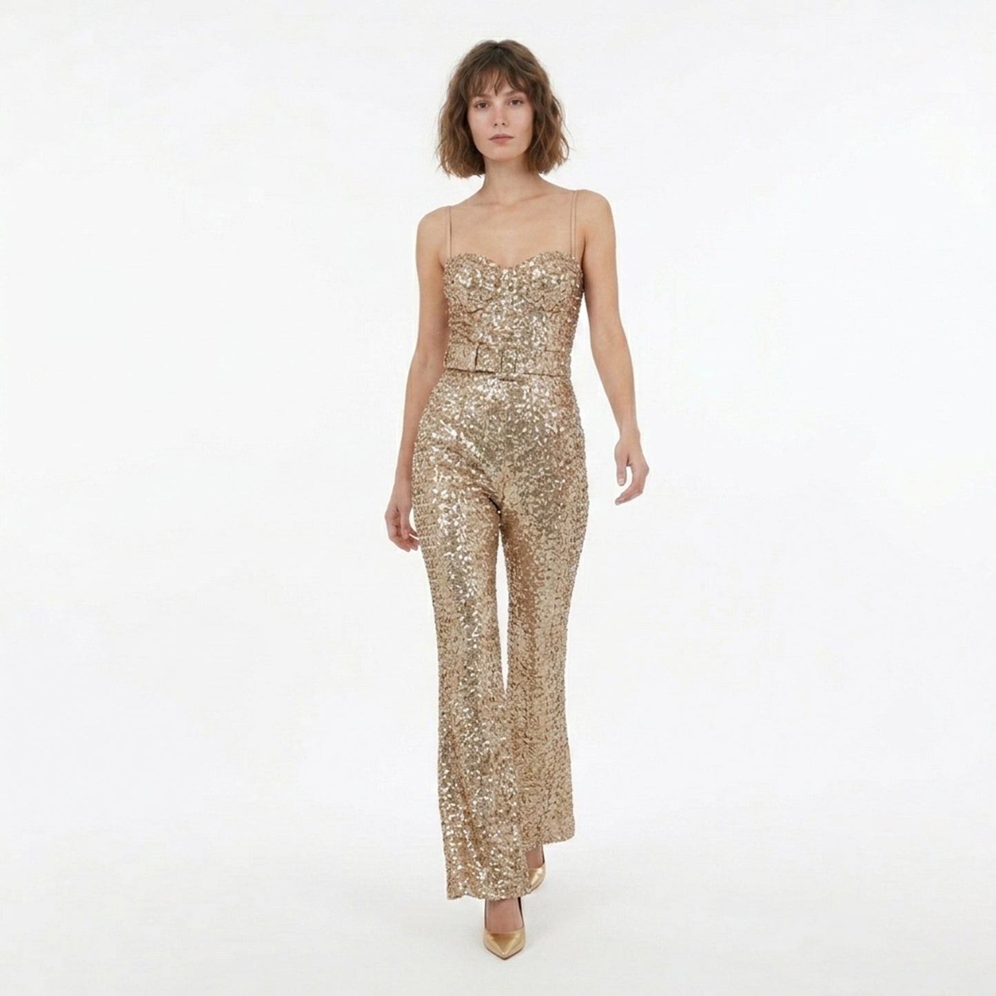 Women's Belted Sequin Wide Leg Jumpsuit