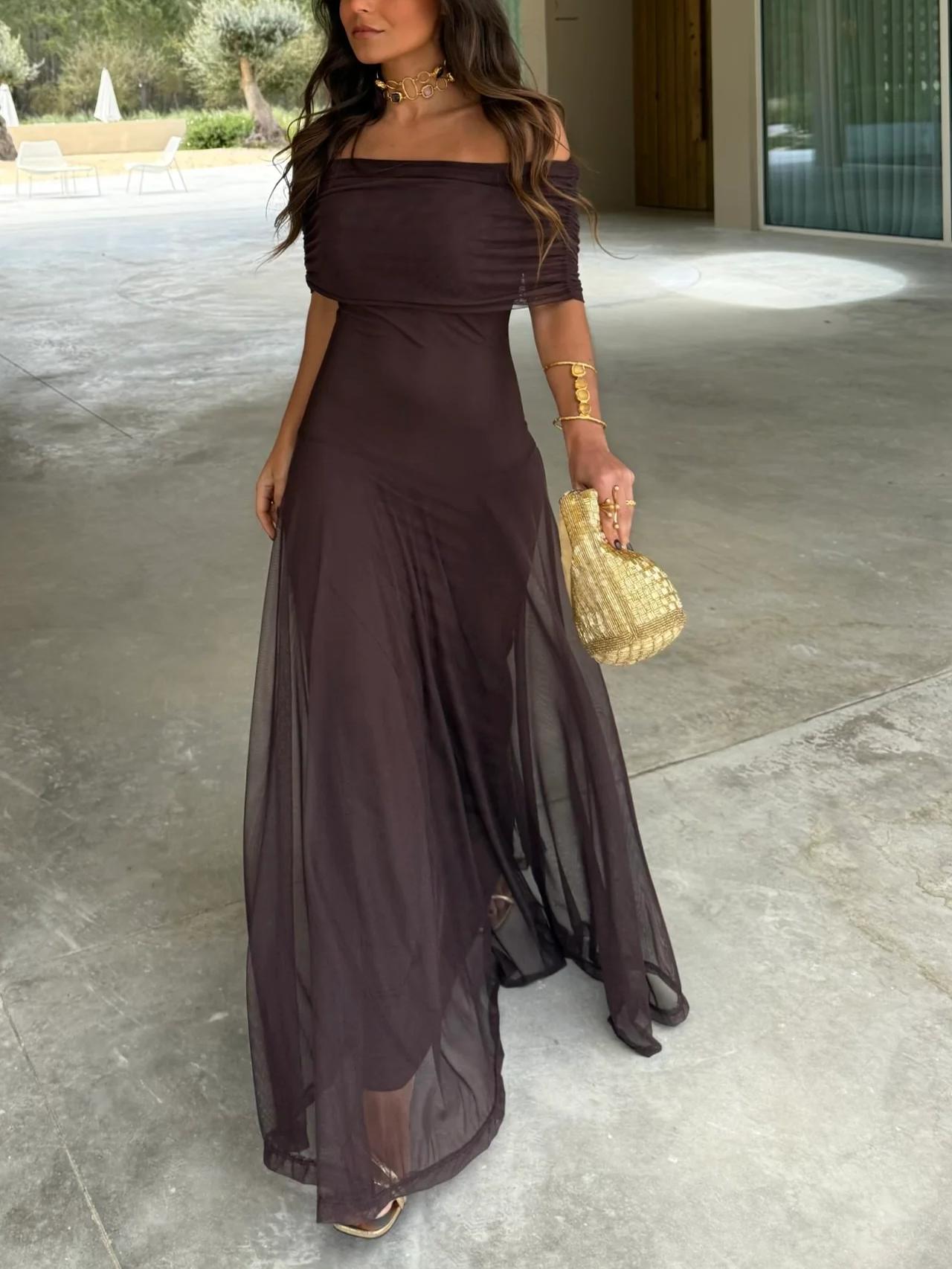 Women's Off Shoulder Mesh Maxi Dress