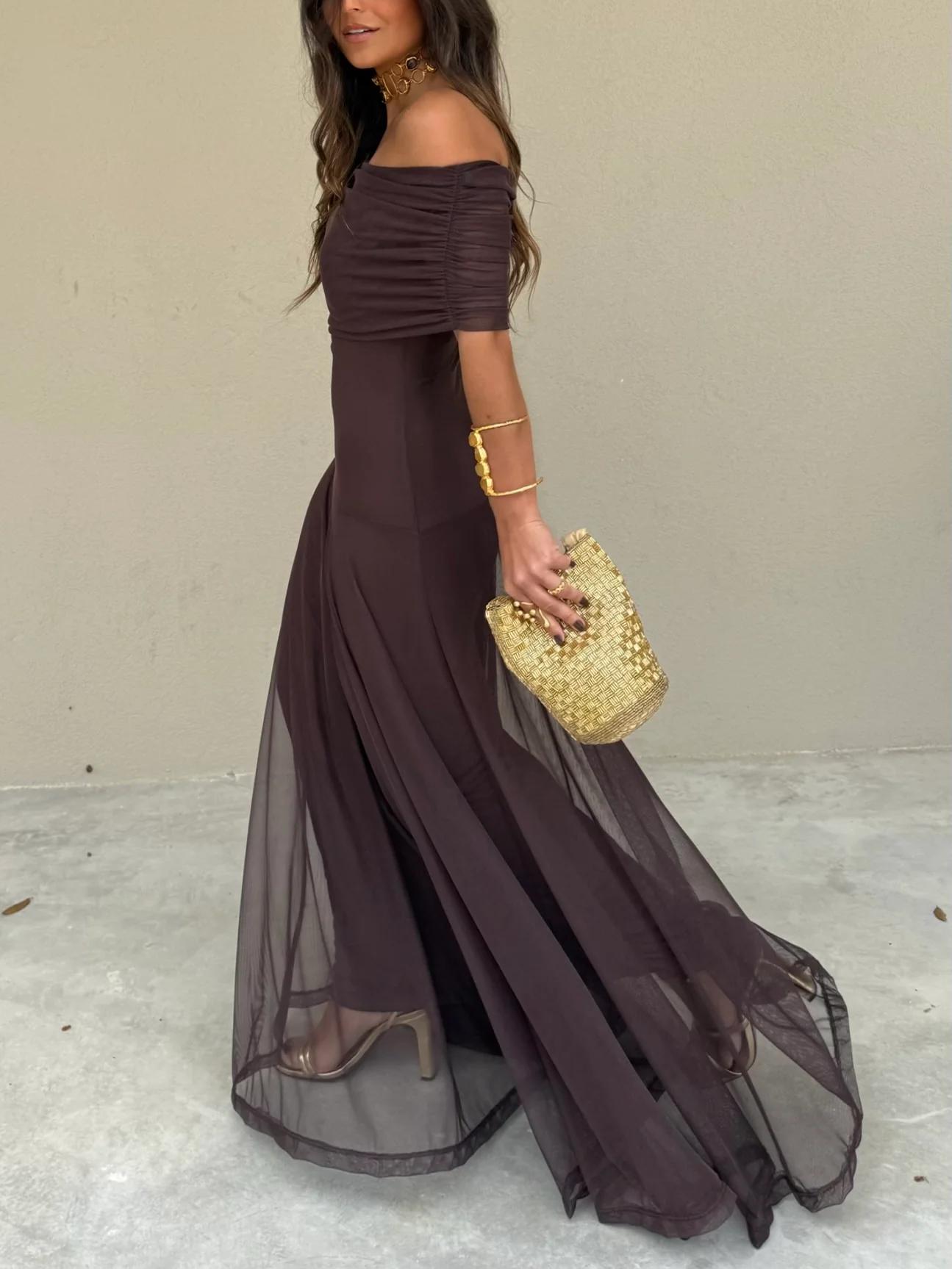 Women's Off Shoulder Mesh Maxi Dress