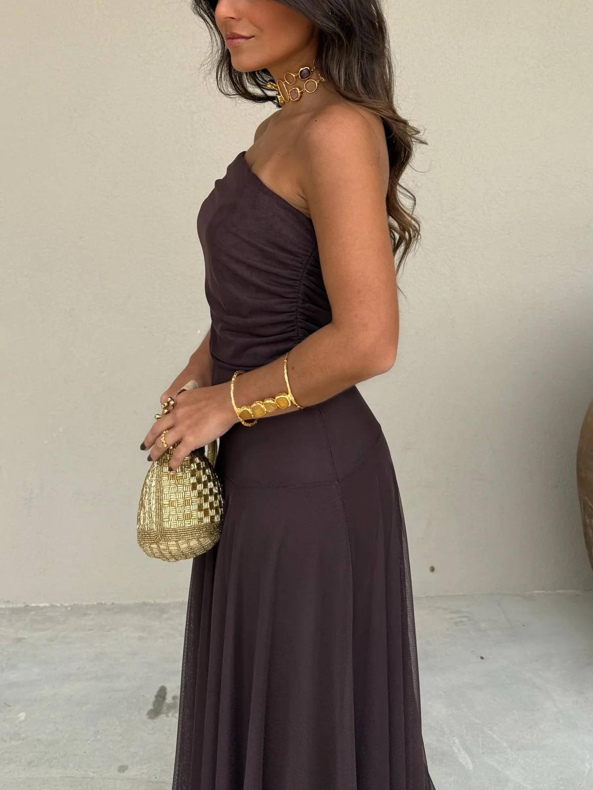 Women's Off Shoulder Mesh Maxi Dress