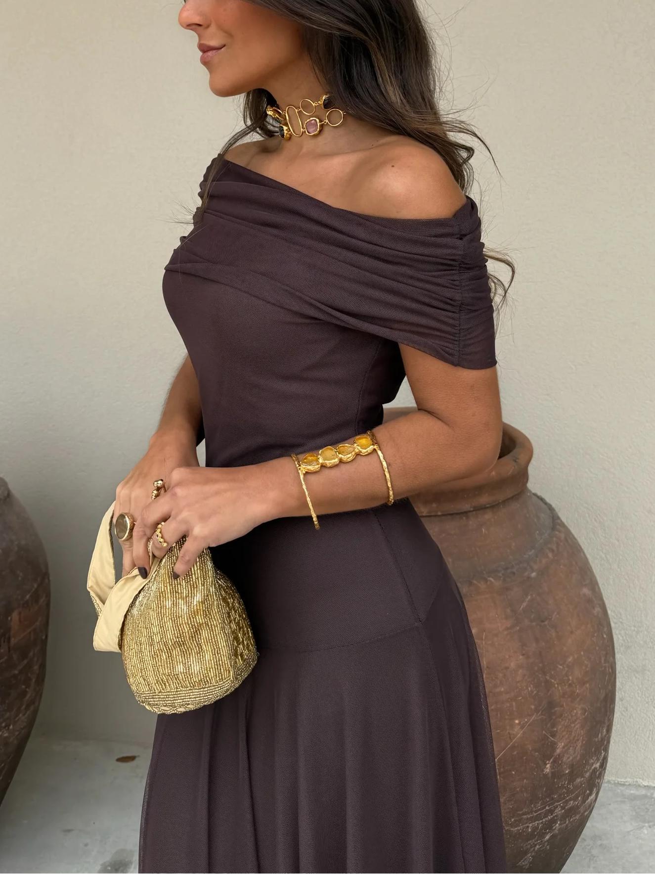 Women's Off Shoulder Mesh Maxi Dress