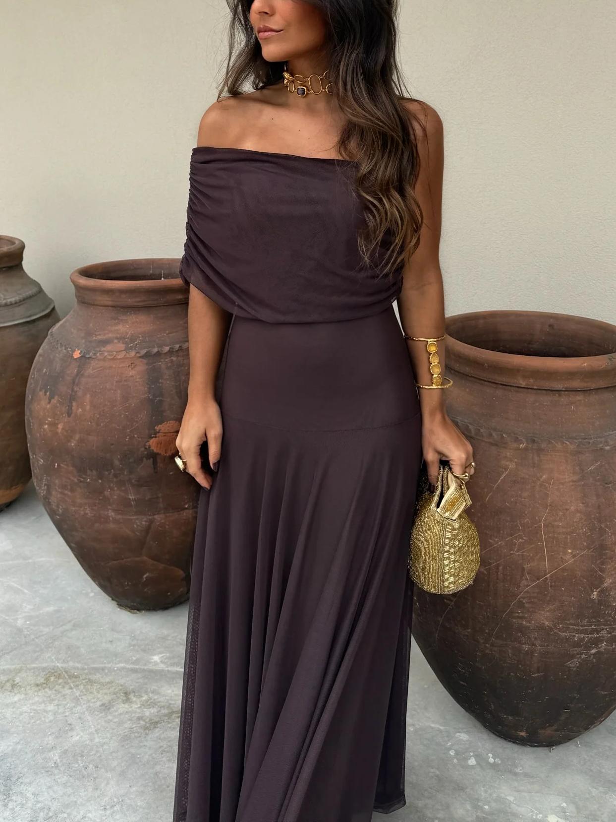 Women's Off Shoulder Mesh Maxi Dress